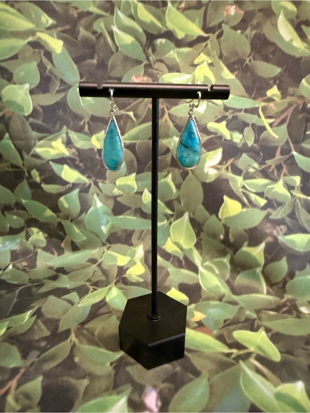 Stamped Silver & Turquoise Teardrop Dangle Earrings - Women Jewelry